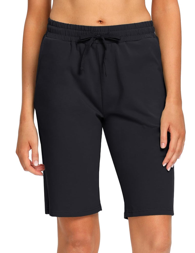 EZRUN Womens Bermuda Shorts Summer Sweat Shorts with Deep Pockets 10" Cotton Shorts for Women Gym Workout Black - Image 3